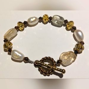Authentic Pearl Bracelet with Gorgeous Beading and Bronze Toggle Clasp, 6"